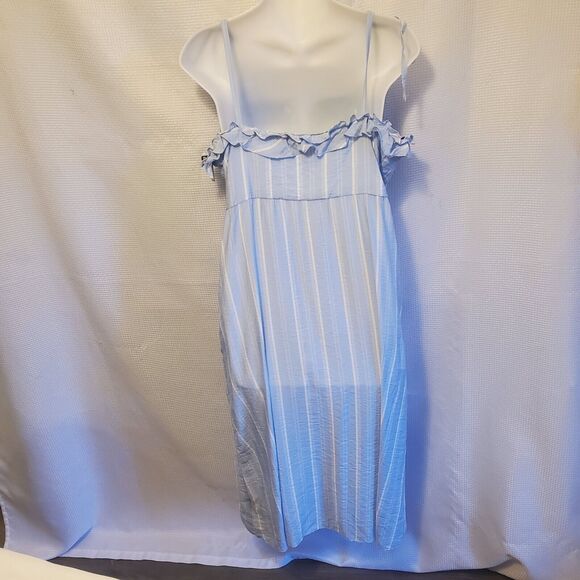 BCBG Paris Light Blue Crepe Midi Dress Size L Babydoll Summer Peasant Stripped - Picture 2 of 9